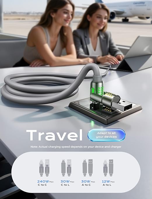 MAGIC JOHN 240W 4 in 1 Charging Cable, 6.6FT USB C to Lightning Cable [MFi Certified], Chubby USB A/C to C/Lightning with Light for iPhone/MacBook/iPad/Samsung/Switch 2, Multi Chargers for All Devices