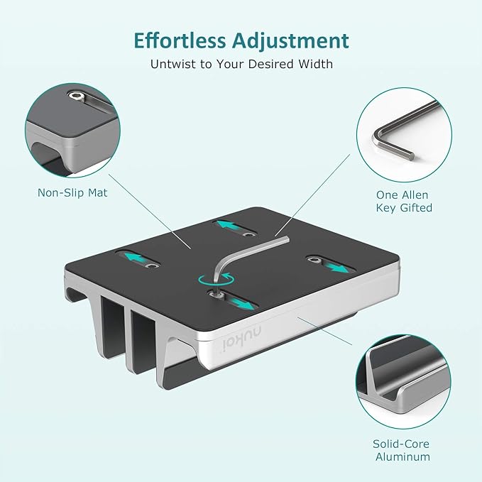 Vertical Laptop Stand - SPACEMax Adjustable GRIPLock Anti-Tip Silicone 4 Slots Aluminum Desktop Holder - Double Dock Stand - 2 Phone Slots Fits Up to 17.3” Laptops, Tablets, Phones - Silver