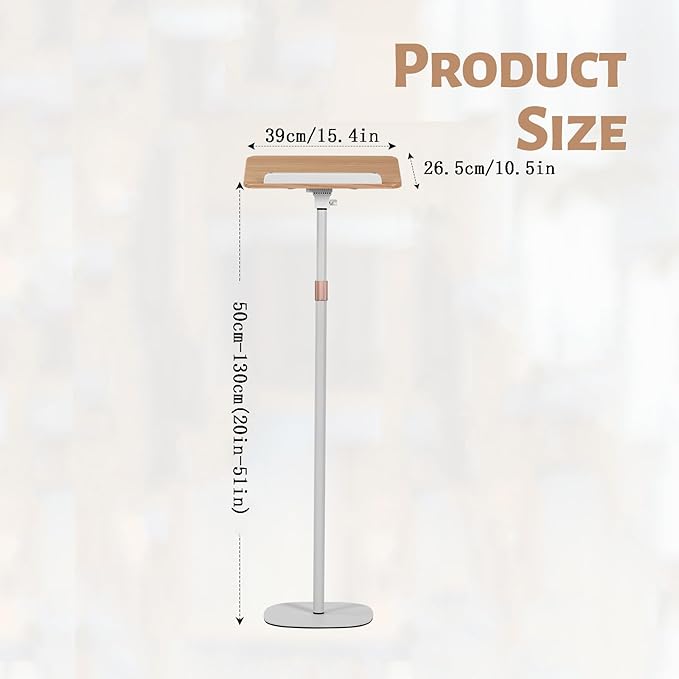 Adjustable Floor Book Stand Height From20'-51‘ and Angle, Music Stand,Laptop Floor Stand for Tablet Bibles, Recipes, Cooking, Books Wooden Display Rack,Stable Portable with Clip
