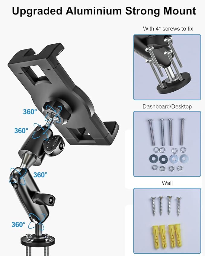 woleyi Aluminum Drill Base Tablet Holder for Car Dashboard - [360° Adjustable 2-Stage Arm] Heavy Duty Tablet Mount for Truck Car Mount Wall Desk, for iPad Pro/Air/Mini/Galaxy Tab/Z Fold, 4-13" Devices