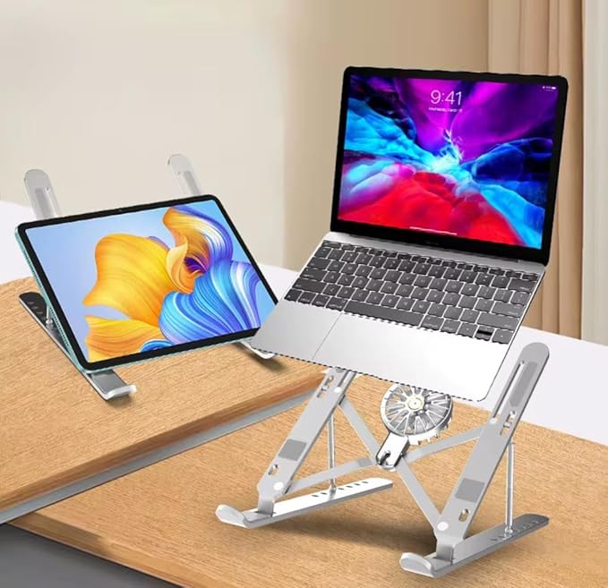 Adjustable Laptop Stand with Detachable Cooling Fan – Portable Foldable Notebook Riser with Heat Sink, USB Powered, Ergonomic & Anti-Slip Design for 10"–17" Laptops (Black)