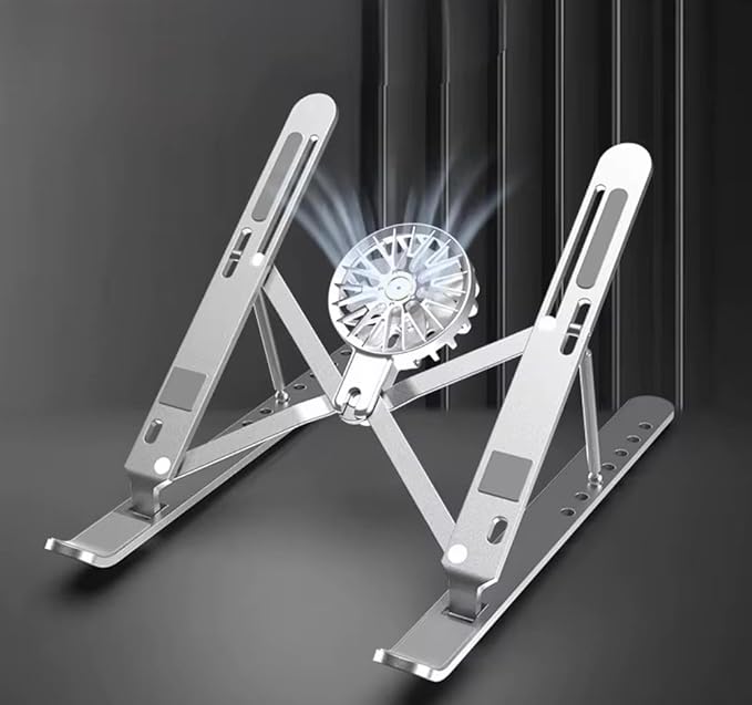 Adjustable Laptop Stand with Detachable Cooling Fan – Portable Foldable Notebook Riser with Heat Sink, USB Powered, Ergonomic & Anti-Slip Design for 10"–17" Laptops (Silver)