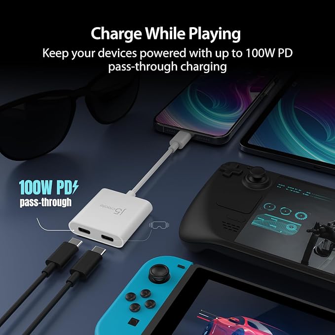 j5create AR Glasses USB-C Video and Charging Adapter, Support 4K@240Hz, up to 100W PD Pass Through Charging, for XREAL, Viture, Rokid, Steam Deck, ROG Ally, Switch, iPhone 17/16/15 (JCA164)