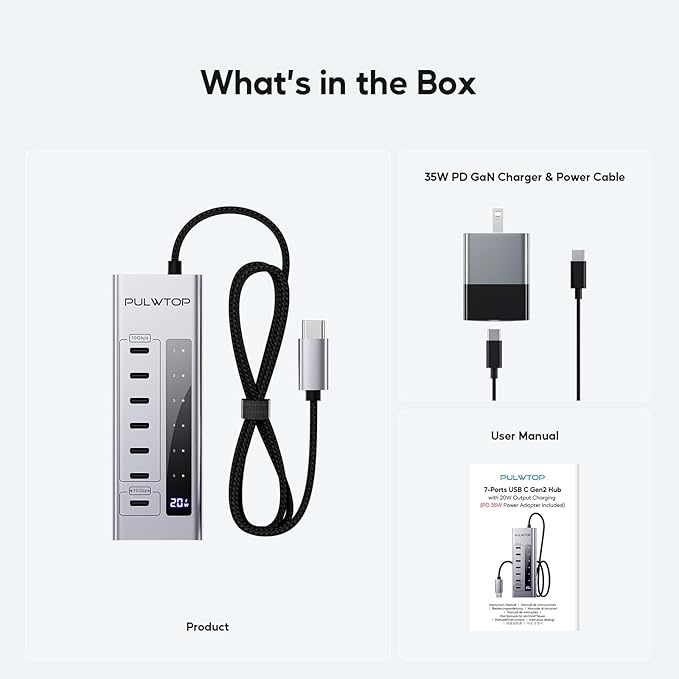 Powered USB C Hub, PULWTOP 7 in 1 USB C Hub Support Data 10Gbps & Charging(Not Support Video), USB C Powered Hub 10Gbps Ports for iMac, MacBook Pro/Air, iPad, XPS, USB Hub with 35W PD Power Adapter
