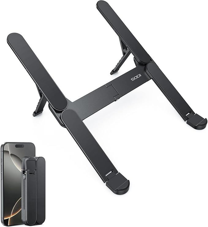 SODI Ultra Compact Foldable Laptop Stand - Portable Laptop Holder for Desk & Travel Use, Ergonomic Aluminum Computer Holder with Adjustable Height for MacBook, Tablet 10-16" (Dark Black, Bi-Fold)