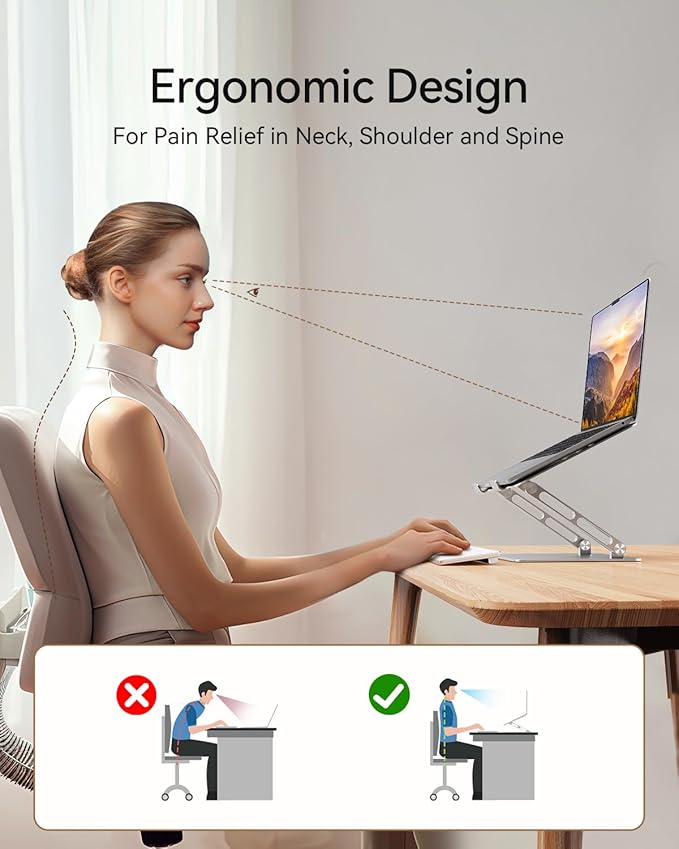 Foldable Aluminum Laptop Stand for 10-17.3" Laptops, Height Adjustable Portable Ergonomic Computer Holder, Space Saving Desk with Heat Dissipation. Compatible with MacBook/Dell/HP etc, Silver