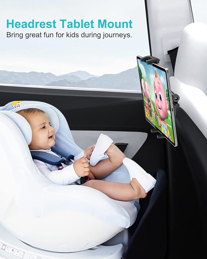 Back Seat Tablet Holder for Tesla, 360° Adjustable Model 3/Y Headrest Tablet Mount for Kids, Metal Model Y Rear Seat Stand for iPad Pro 12.9 Air Mini, Galaxy Tab/Z Fold, Fire hd, 4-13" Device