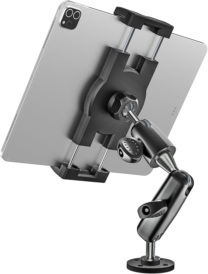 woleyi Aluminum Drill Base Tablet Holder for Car Dashboard - [360° Adjustable 2-Stage Arm] Heavy Duty Tablet Mount for Truck Car Mount Wall Desk, for iPad Pro/Air/Mini/Galaxy Tab/Z Fold, 4-13" Devices