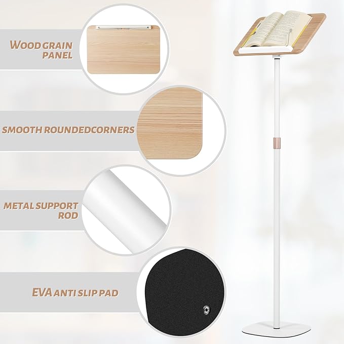 Adjustable Floor Book Stand Height From20'-51‘ and Angle, Music Stand,Laptop Floor Stand for Tablet Bibles, Recipes, Cooking, Books Wooden Display Rack,Stable Portable with Clip