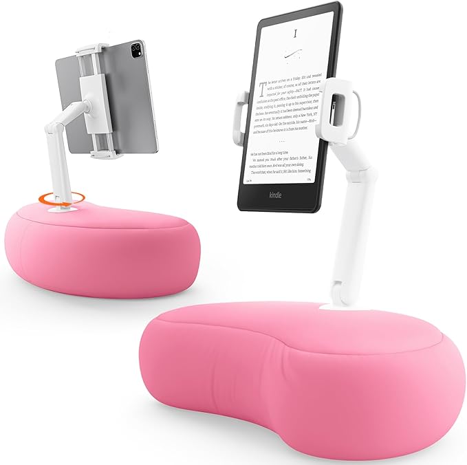 SAIJI Kindle Pillow Stand, iPad Stand Compatible with 4.7”-15.6” Kindle, Phone, iPad, 360° Adjustable Tablet Holder for Bed with Flexible Dual Axis Arm and Microbead Cushion (Pink)