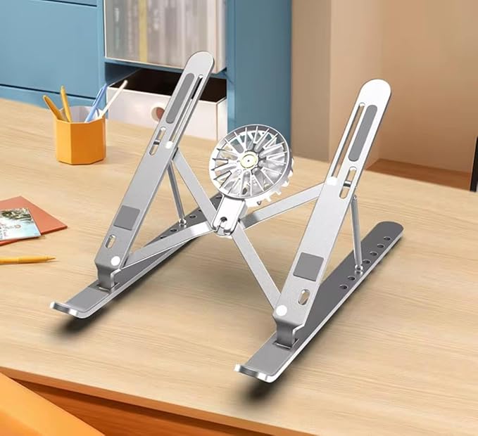 Adjustable Laptop Stand with Detachable Cooling Fan – Portable Foldable Notebook Riser with Heat Sink, USB Powered, Ergonomic & Anti-Slip Design for 10"–17" Laptops (Silver)