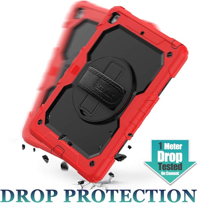 SEYMAC stock Case for iPad 9th/ 8th/ 7th Generation 10.2'', Shockproof with Screen Protector, Pencil Holder [360° Rotating Hand Strap] & Stand, for iPad 10.2 inch 2021-2019 (SiliconeRed+Black)