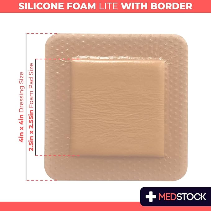 MEDSTOCK Silicone Foam Lite Dressing with Border, 4"x4" (Pack of 10), Comfortable Healing for Wounds, Waterproof, Gentle & Secure Adhesion