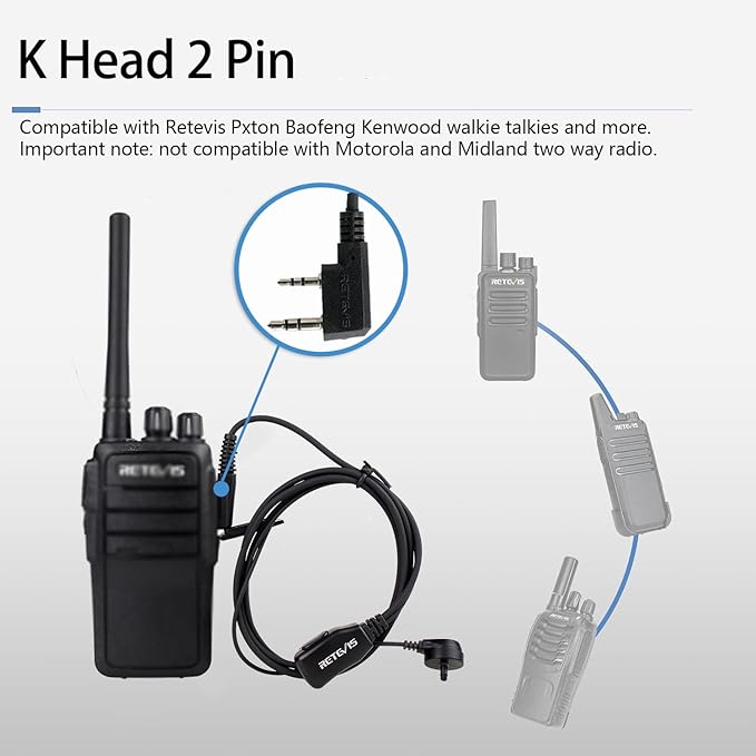 Case of 10, Retevis Walkie Talkies Earpiece with Mic 2 Pin Acoustic Tube Headset, for RT22 RT21 RT68 H777, Compatible with Pxton Baofeng BF-888S BF-T26 Kenwood walkie talkie, Two Way Radio Earpiece