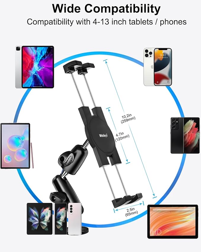 woleyi Aluminum Drill Base Tablet Holder for Car Dashboard - [360° Adjustable 2-Stage Arm] Heavy Duty Tablet Mount for Truck Car Mount Wall Desk, for iPad Pro/Air/Mini/Galaxy Tab/Z Fold, 4-13" Devices