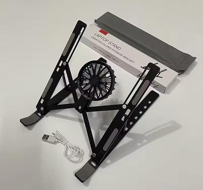 Adjustable Laptop Stand with Detachable Cooling Fan – Portable Foldable Notebook Riser with Heat Sink, USB Powered, Ergonomic & Anti-Slip Design for 10"–17" Laptops (Black)