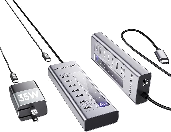 Powered USB C Hub, PULWTOP 7 in 1 USB C Hub Support Data 10Gbps & Charging(Not Support Video), USB C Powered Hub 10Gbps Ports for iMac, MacBook Pro/Air, iPad, XPS, USB Hub with 35W PD Power Adapter