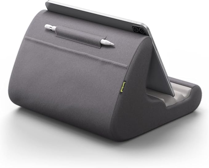 Lamicall Tablet Stand Pillow Holder - Tablet Pillow Soft Pad for Bed, Lap Phone Stand with Stylus Mount & Pocket, for iPad Pro 12.9, Air, Mini, Kindle, Galaxy Tab and 4-13" Devices, Dark Grey
