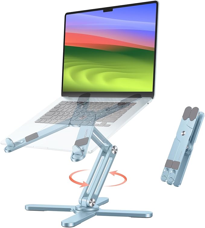 OMOTON 360 Rotating Laptop Stand Riser for Desk, Ergonomic Foldable Computer Stand Adjustable Height Angles for Collaborative Work, Easy Storage Fit Macbooks,All Laptops up to 16 inches,Sky Blue