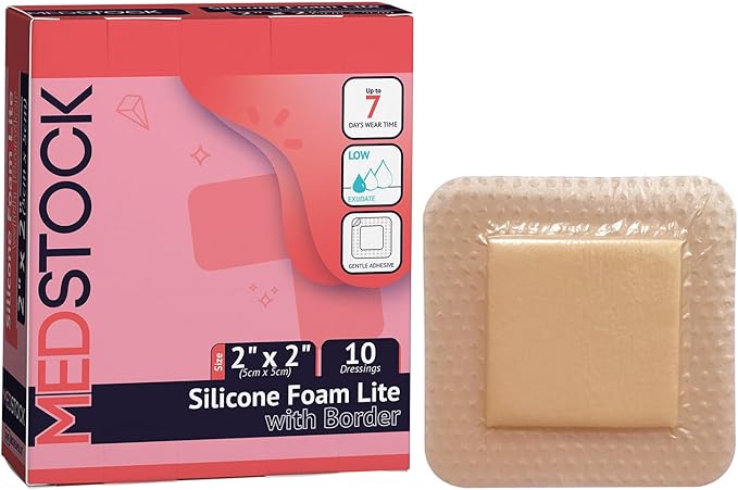 MEDSTOCK Silicone Foam Lite Dressing with Border, 2"x2" (Pack of 10), Comfortable Healing for Wounds, Waterproof, Gentle & Secure Adhesion