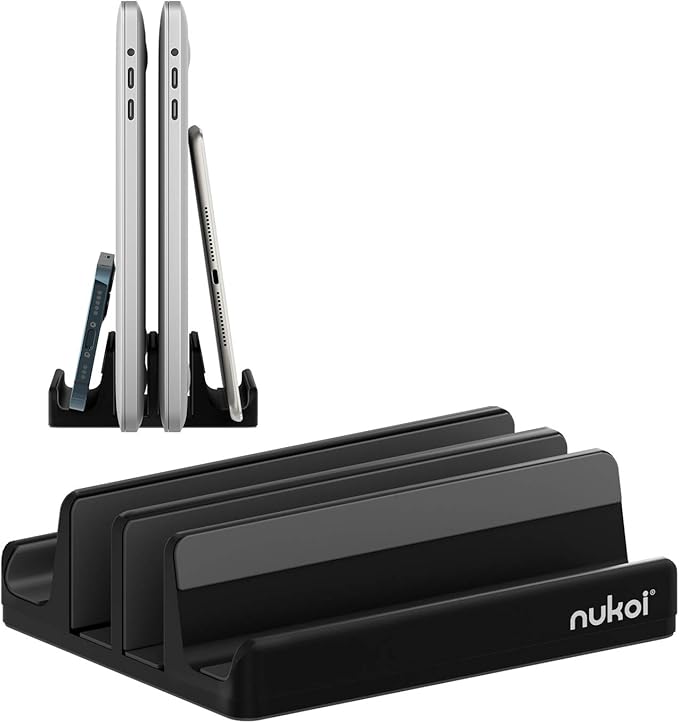 Vertical Laptop Stand - SPACEMax Adjustable GRIPLock Anti-Tip Silicone 4 Slots Aluminum Desktop Holder - Double Dock Stand - 2 Phone Slots Fits Up to 17.3” Laptops, Tablets, Phones - Black