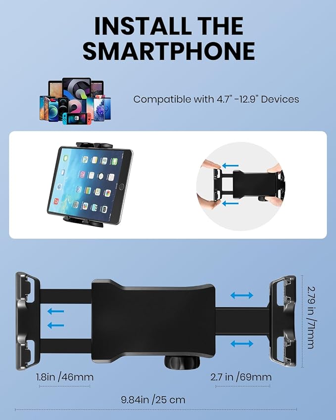 Moukey Adjustable Tablet Holder Clip-on Phone Mount for Mic Microphone Stand Music Stand, Compatible with All 4.7 to 12.9 Inches iPad, iPhone, Android Tablets, Pads, Smartphones