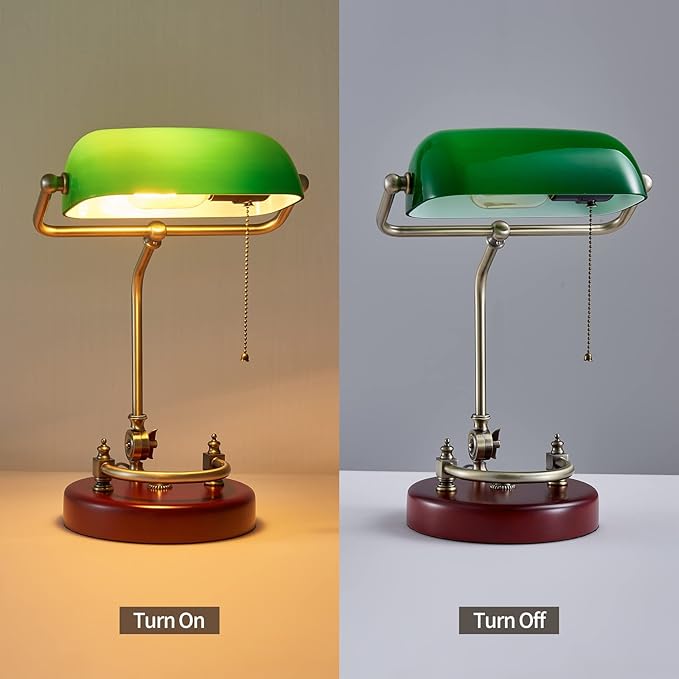 Bankers Lamp, Traditional Green Desk Lamp with Solid Birch Wood Base, Green Glass Antique Library Lamp with Pull Chain Switch, Plug in Vintage Bankers Desk Lamp for Office, Study Room 【E26 Socket】