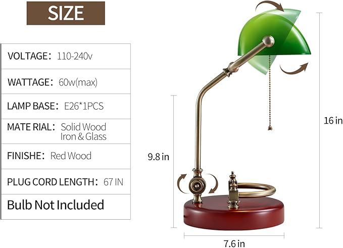 Bankers Lamp, Traditional Green Desk Lamp with Solid Birch Wood Base, Green Glass Antique Library Lamp with Pull Chain Switch, Plug in Vintage Bankers Desk Lamp for Office, Study Room 【E26 Socket】