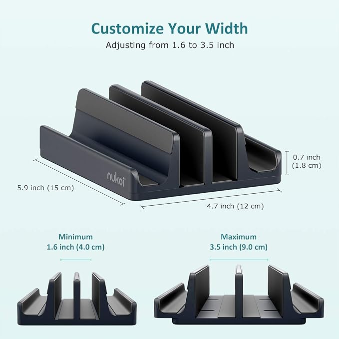 Vertical Laptop Stand - SPACEMax Adjustable GRIPLock Anti-Tip Silicone 4 Slots Aluminum Desktop Holder - Double Dock Stand - 2 Phone Slots Fits Up to 17.3” Laptops, Tablets, Phones - Gray