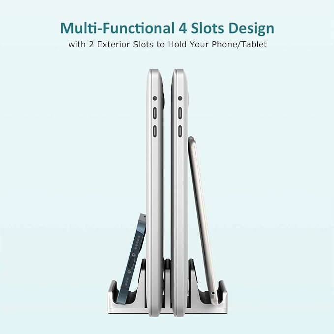 Vertical Laptop Stand - SPACEMax Adjustable GRIPLock Anti-Tip Silicone 4 Slots Aluminum Desktop Holder - Double Dock Stand - 2 Phone Slots Fits Up to 17.3” Laptops, Tablets, Phones - Silver
