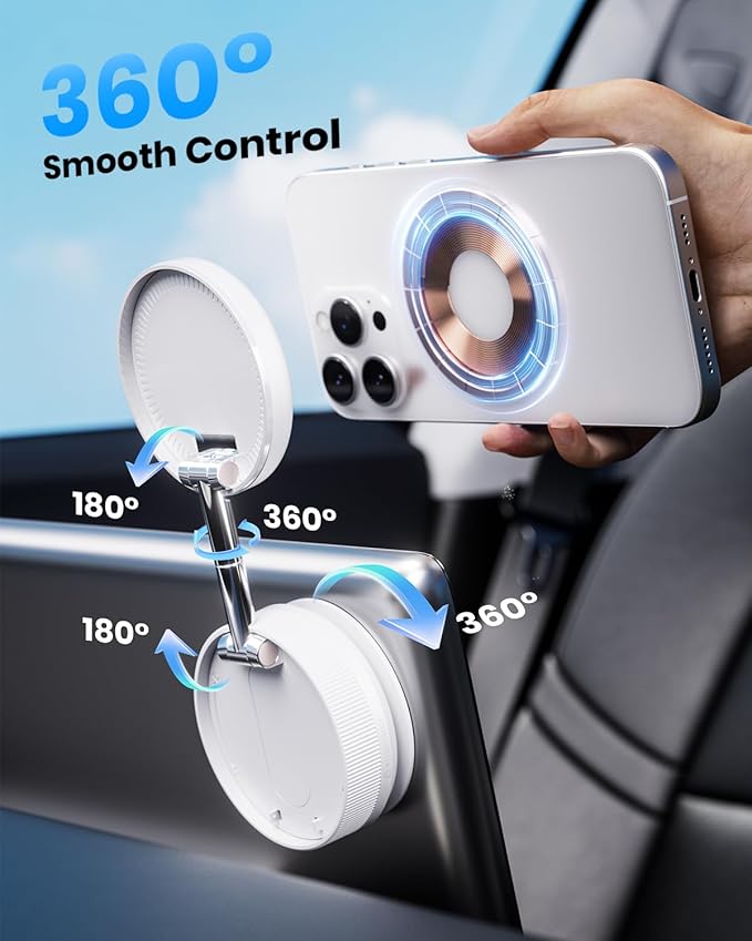 Upgraded 360° Vacuum Magnetic Car Phone Holder for Magsafe [96+LBS Strongest Suction & 2800gf Strongest Magnetic], Adjustable Car Phone Mount for Your Car/Gym/Mirror for iPhone & Android, White