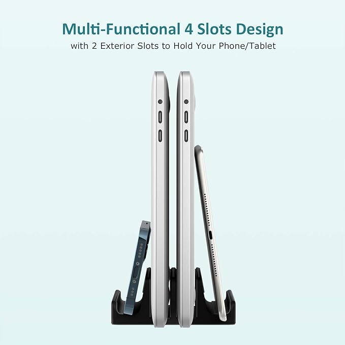 Vertical Laptop Stand - SPACEMax Adjustable GRIPLock Anti-Tip Silicone 4 Slots Aluminum Desktop Holder - Double Dock Stand - 2 Phone Slots Fits Up to 17.3” Laptops, Tablets, Phones - Black