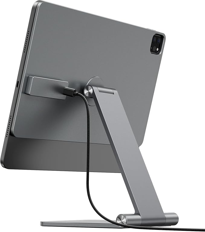 KU XIU Magnetic Wireless Charging Stand Only Compatible with iPad Air 13 M2 / M3, iPad Pro 12.9 6th/5th/4th/3rd, Aluminum Alloy Foldable Tablet Holder, Adjustable Desk Stand Mount with 1M Cable
