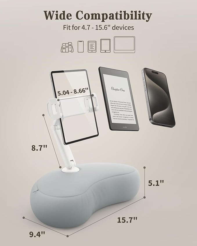 SAIJI Kindle Pillow Stand, iPad Stand Compatible with 4.7”-15.6” Kindle, Phone, iPad, 360° Adjustable Lap Beanbag Tablet Holder for Bed with Flexible Dual Axis Arm and Microbead Cushion (Gray)