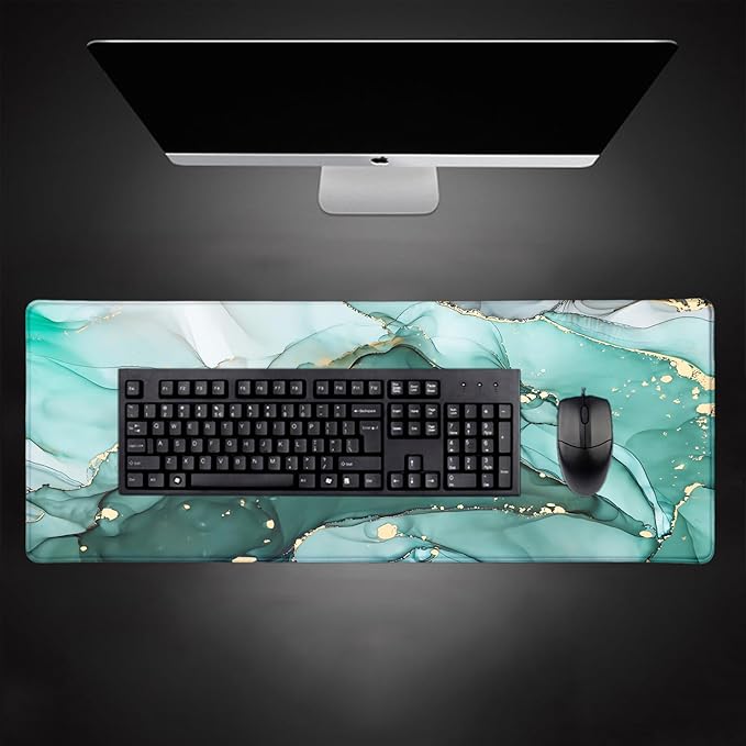 Teal Turquoise Marble Large Mouse Pad, Abstract Swirls Large Mousepad, Modern Ink Art Desk Pads, Aesthetic Desktop Laptop Mat for Desk, Gift for Women Men, 31.5x11.8 in
