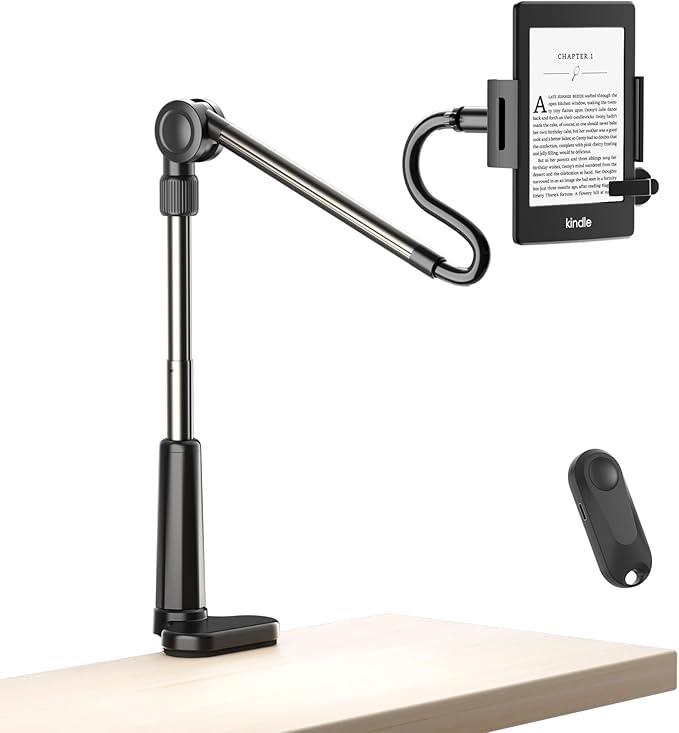 Foldable Tablet Holder for Kindle Reading in Bed with Remote Page Turner, No Stiff Easy Adjust Flexible Tablet Arm Desk Holder, Ereader Accessories for Kindle Paperwhite/Scribe/Oasis, iPad, Phone