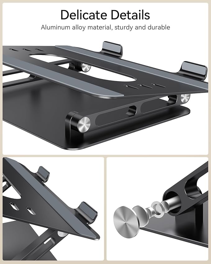 Foldable Aluminum Laptop Stand for 10-17.3" Laptops, Height Adjustable Portable Ergonomic Computer Holder, Space Saving Desk with Heat Dissipation. Compatible with MacBook/Dell/HP etc, Black
