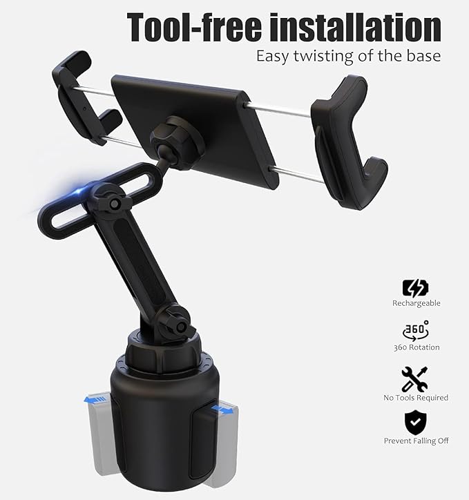 Charchendo Adjustable Extendable Cup Holder Tablet Stand - 4-12.9 inch Tablet & Phone Mount, Non-Slip Secure Clamp, for Car/Truck, Fits iPad Pro/Air/Mini, Samsung Galaxy Tab