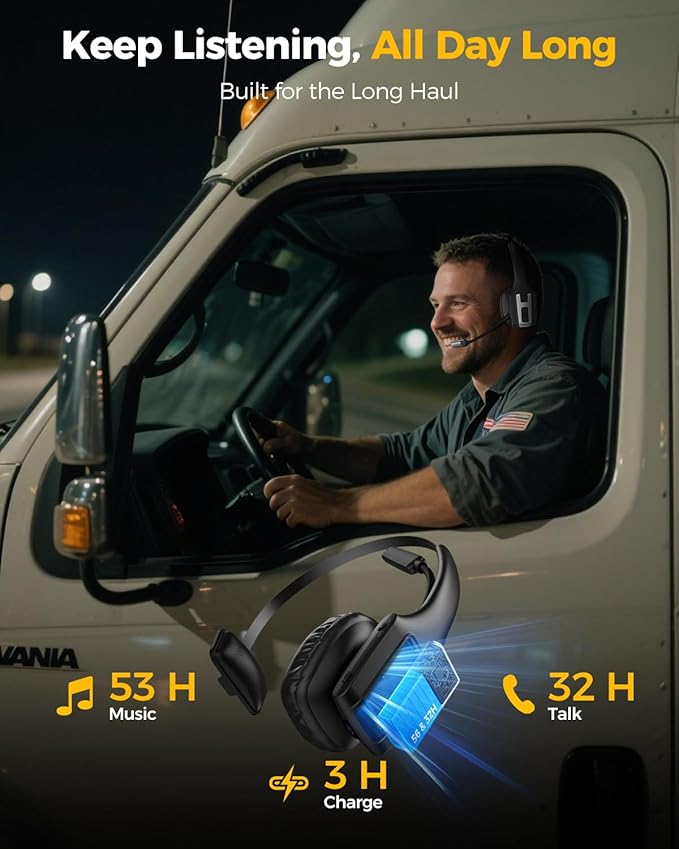Trucker Bluetooth Headset, Wireless Headset with Mic for Work, Upgraded V5.3 Dual Noise Cancelling Microphones, Mute Button, Multipoint, 53H Battery, for Truck Drivers, Work from Home Office Phone