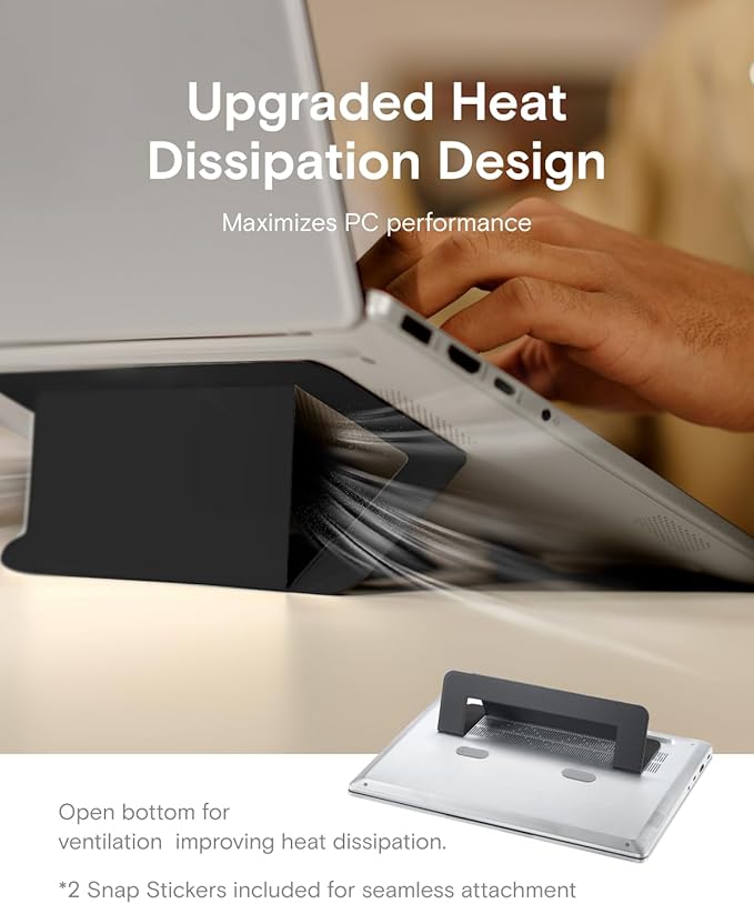 MOFT Laptop Stand for Desk, Adhesive Airflow Laptop Cooling Riser for Heat Dissipation with 2 Adjustable Viewing Angles, Foldable & Portable Computer Stand Compatible with Laptops 11"-16", Jet Black