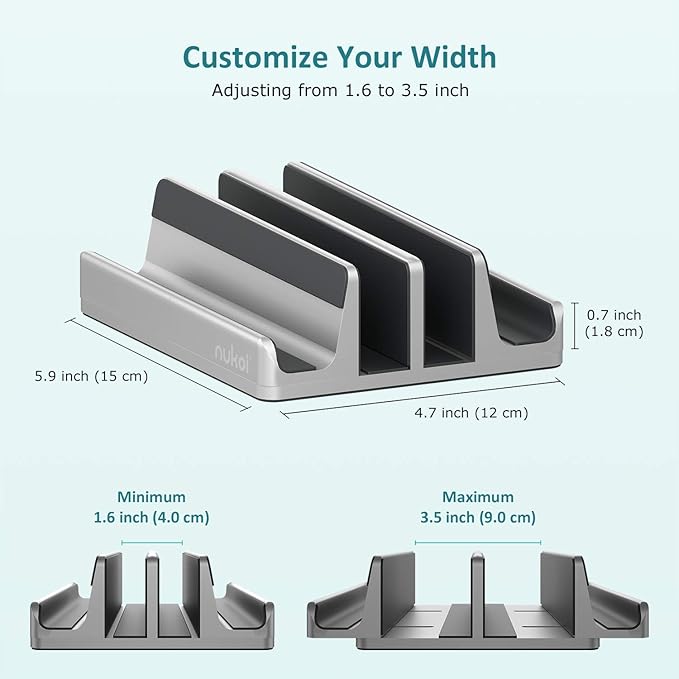 Vertical Laptop Stand - SPACEMax Adjustable GRIPLock Anti-Tip Silicone 4 Slots Aluminum Desktop Holder - Double Dock Stand - 2 Phone Slots Fits Up to 17.3” Laptops, Tablets, Phones - Silver