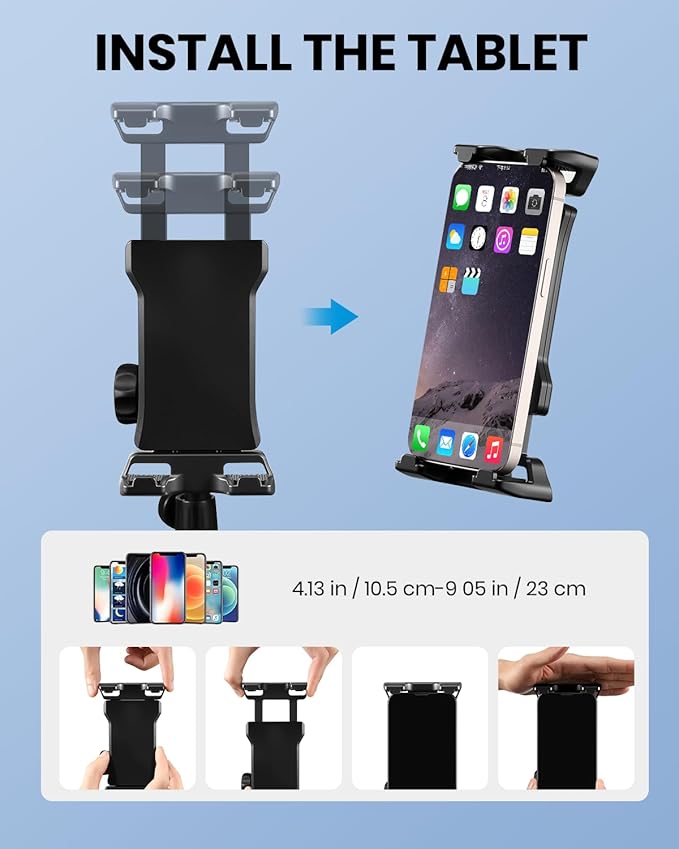 Moukey Adjustable Tablet Holder Clip-on Phone Mount for Mic Microphone Stand Music Stand, Compatible with All 4.7 to 12.9 Inches iPad, iPhone, Android Tablets, Pads, Smartphones