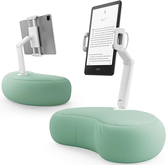 SAIJI Kindle Pillow Stand, iPad Stand Compatible with 4.7”-15.6” Kindle, Phone, iPad, 360° Adjustable Tablet Holder for Bed with Flexible Dual Axis Arm and Microbead Cushion (Cyan)