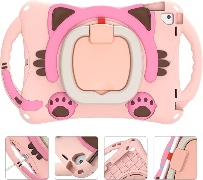 BRAECN Case for iPad 9.7 inch 6th Generation 2018/ iPad 5th Gen 2017, iPad Air 2/ Air 1/ iPad Pro 9.7'', Protective Cover with Pencil Holder & Kickstand & Shoulder Strap, Cute Cat Case for Kids-Pink