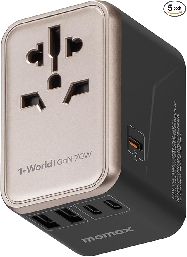 MOMAX 6-in-1 Universal Travel Adapter, GaN 70W International Power Adapter, 3 USB-C PD Fast Charging & 2 USB-A QC, 1 AC, All-in-one International Plug Adapter for Travel European UK AUS JP