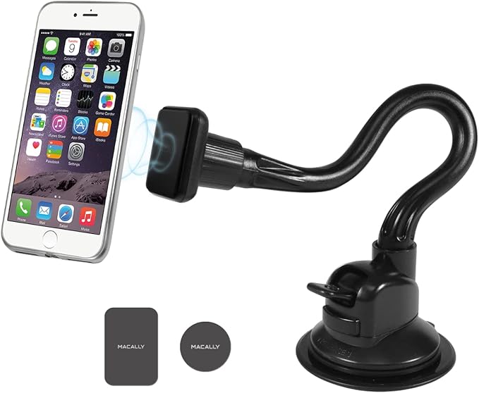 Macally Windshield Phone Mount for Car Magnetic - Suction Cup Window Mount Phone Holder with 8" Long Gooseneck Arm & Super Strong Magnet Mount for Smartphone and iPhone