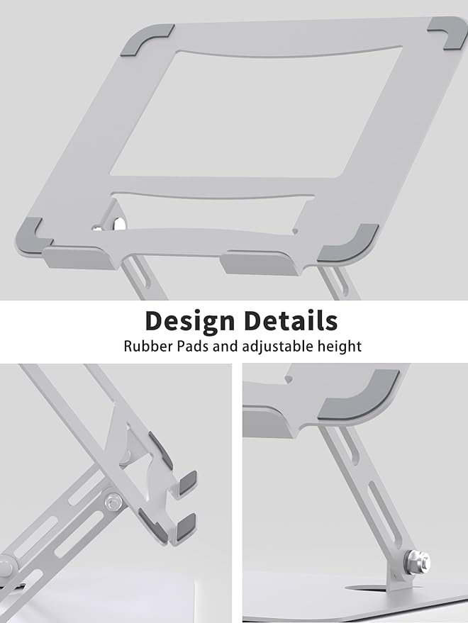 SOUNDANCE Laptop Stand for Desk with Stable Heavy Base, Adjustable Height Multi-Angle, Ergonomic Metal Riser Holder, Foldable Mount Elevator, Compatible with 10 to 15.6 Inches PC Computer, Silver