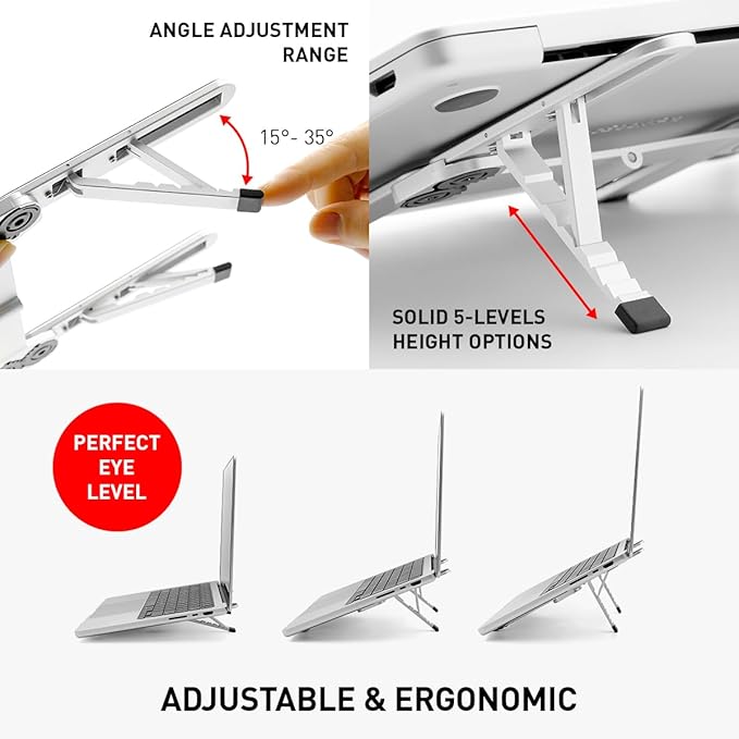 NSMO Laptop Stand – Adjustable Aluminum Portable Laptop Stand with 5-Level Height Settings, Ergonomic Design, Heat Dissipation, Non-Slip Support, Compact Travel Riser for 11”-16” Laptops