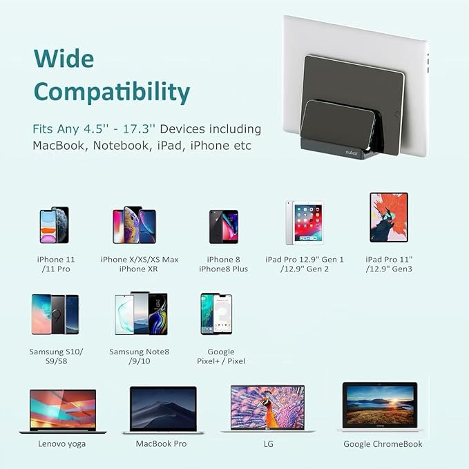 Vertical Laptop Stand - SPACEMax Adjustable GRIPLock Anti-Tip Silicone 4 Slots Aluminum Desktop Holder - Double Dock Stand - 2 Phone Slots Fits Up to 17.3” Laptops, Tablets, Phones - Gray