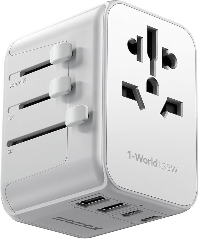 MOMAX European Travel Plug Adapter, 35W PD Fast Charging, Universal Travel Adapter with 3 USB-C and 2 USB-A Ports, International Power Adapter for Most Europe, USA, Japan, Australia (Type C/A/G/I)